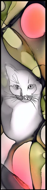 Free abstract cat art bookmarks featuring a peeking out white cat in abstract art